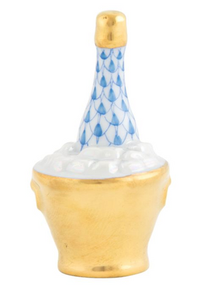 The Herend Champagne Bucket, Blue by Herend is a porcelain figurine featuring hand-painted designs, gold accents, and elegant blue scale patterns.