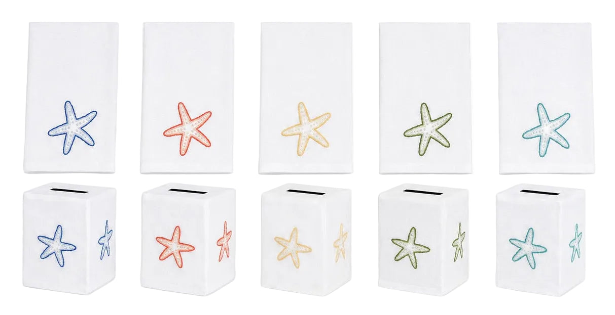 Bring a sophisticated touch to your home décor with the Haute Home Playful Starfish Bath Collection: four white linen napkins and four matching tissue box covers, each beautifully embroidered with a starfish in blue, orange, yellow, or green—arranged in coordinated color pairs on crisp white linens.