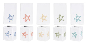 Bring a sophisticated touch to your home décor with the Haute Home Playful Starfish Bath Collection: four white linen napkins and four matching tissue box covers, each beautifully embroidered with a starfish in blue, orange, yellow, or green—arranged in coordinated color pairs on crisp white linens.
