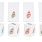 Four embroidered linen napkins and four matching tissue box covers from the Haute Home Speckled Conch Coaster & Bath Collection—each featuring a unique seashell motif in blue, brown, red, and green—are arranged in two rows on a white background.
