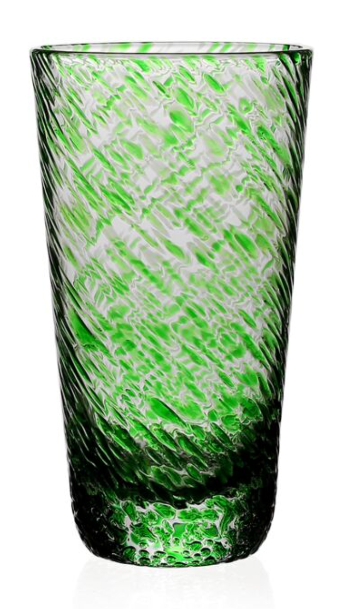 A tall glass from the Vanessa Green Collection by William Yeoward Crystal, featuring a textured green and clear swirl pattern that creates a striking optical illusion.