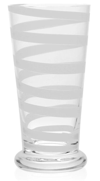 The Bella Bianca Collection tumbler by William Yeoward Crystal features clear glass, a wide base, and an elegant white spiral stripe. Proposition 65 warning: Contains chemicals known in California to cause cancer or reproductive harm.