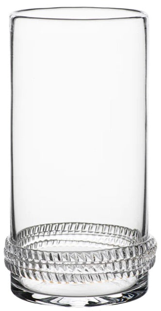 The Dean Drinkware Collection by Juliska features a clear, tall stemless wine tumbler with a textured, patterned base, shown upright on a white background.
