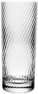 The Venetia Drinkware Collection by William Yeoward Crystal features a clear crystal tumbler with a vertical swirl pattern inspired by Venetian glassmaking, shown straight on against a white background.