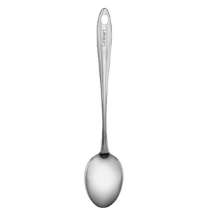 The Cuisinart Stainless Steel Solid Spoon features a long handle, rounded bowl, and durable stainless steel construction. Dishwasher safe for easy cleaning. Shown against a white background.