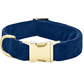 The Velvet Dog Collar Collection by Foggy Dog features a blue plush velvet collar with a gold metal buckle and D-ring—ideal as a luxury dog accessory or an elegant wedding piece.