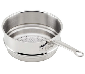 The Hestan Provisions Stainless Steel Steamer Insert, 3qt, features a handle and perforated bottom with triple-bonded stainless steel, designed to fit inside pots for efficient, even steaming.