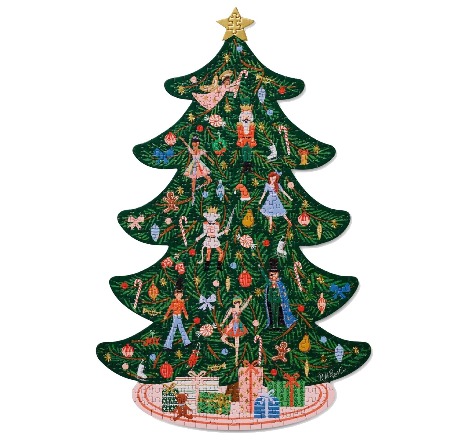 The Nutcracker Puzzle by Riffle Paper Co. is a festive, Christmas tree-shaped jigsaw featuring Nutcracker Ballet characters, ornaments, candy canes, and presents arranged around the base.