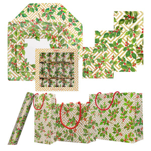 The Caspari Holly and Fretwork White Collection offers matching gift bags, tissue paper, boxes, envelopes, wrapping paper, and decorative plates in a green, red, and gold holly geometric pattern.