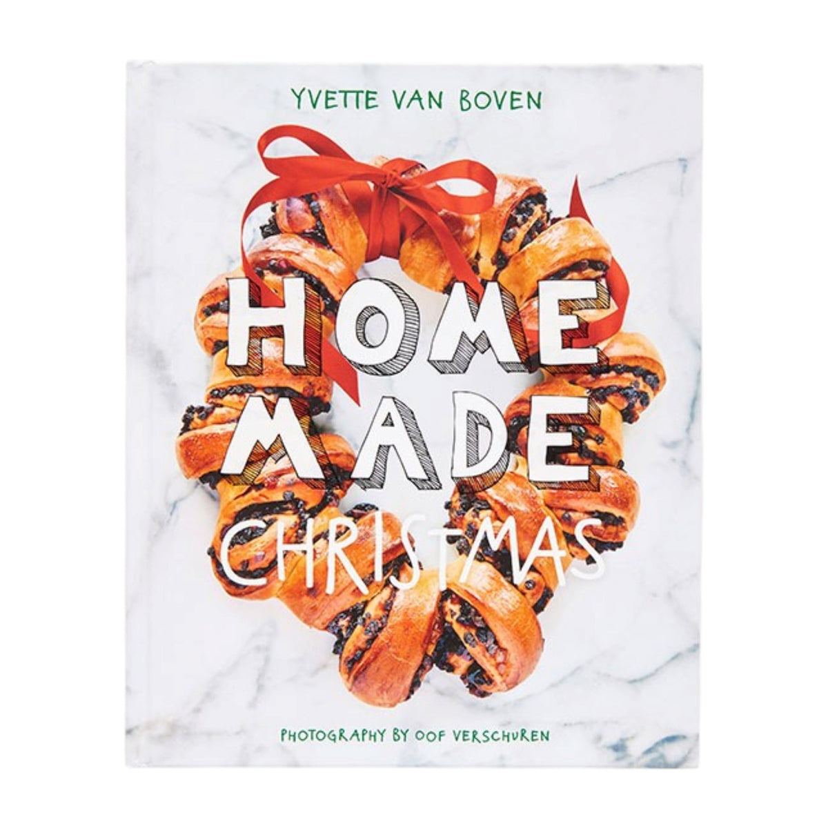 A wreath made of currant bread tied with a red ribbon surrounds the title of the Home Made Christmas cookbook.