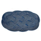 Juliska Le Panier Mystic Knot Denim oval ceramic serving platter, featuring a blue and white knot pattern, shown from above on a white background.