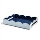 Addison Ross Scalloped Tray in Pale Denim & Navy features elegant wavy, scalloped edges with a high-gloss navy blue interior and a pale denim exterior. This tray includes cut-out handles on each side for easy carrying.
