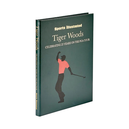 The hardcover illustrated gift book "Tiger Woods: Celebrating 25 Years on the PGA Tour" by Graphic Image features a cover with the golf legend’s silhouette.