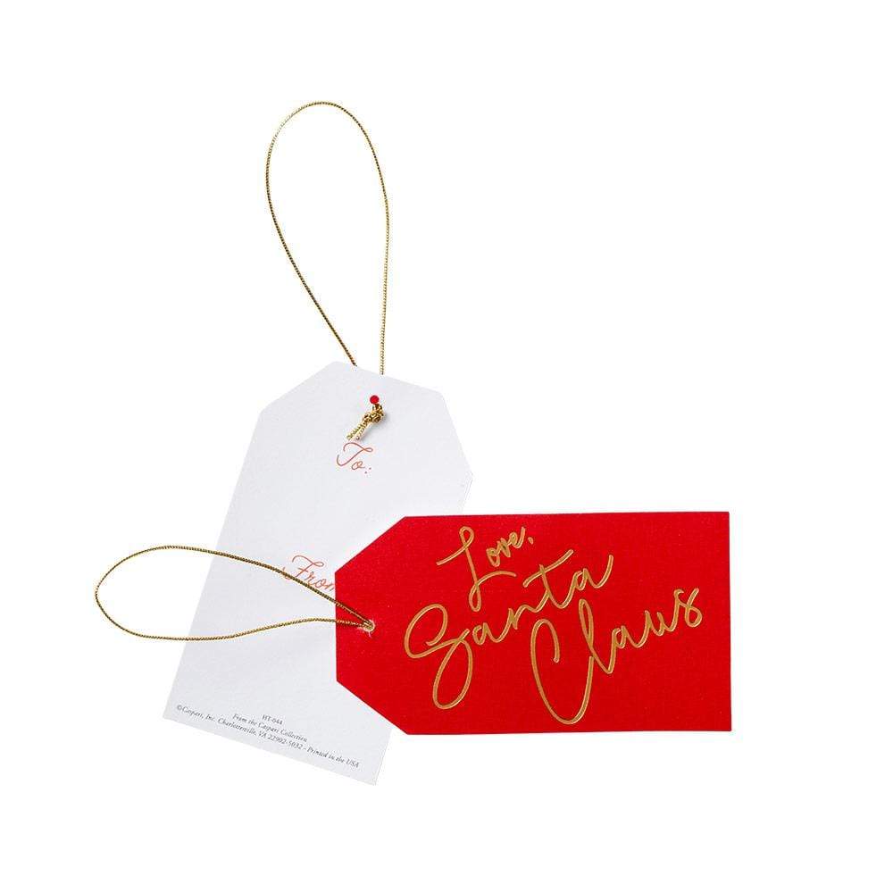 The Caspari Love, Santa Claus Gift Tag Set includes two hanging tags with gold string—one white tag labeled "To:" and one red tag with gold script reading "Love, Santa Claus.