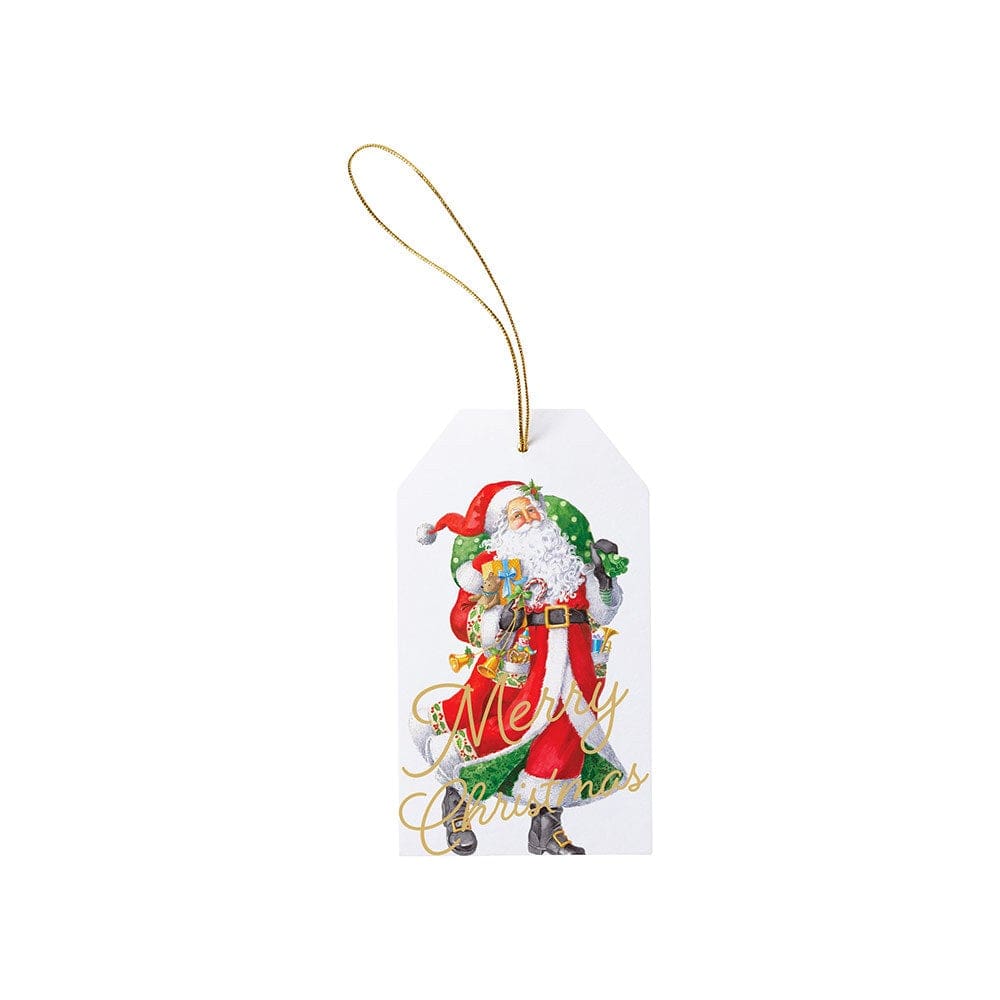 The Caspari Woodland Santa Collection gift tag features Santa holding presents and a candy cane with "Merry Christmas" in gold—perfect to pair with elegant paper plates or festive disposable tableware at your holiday gathering.