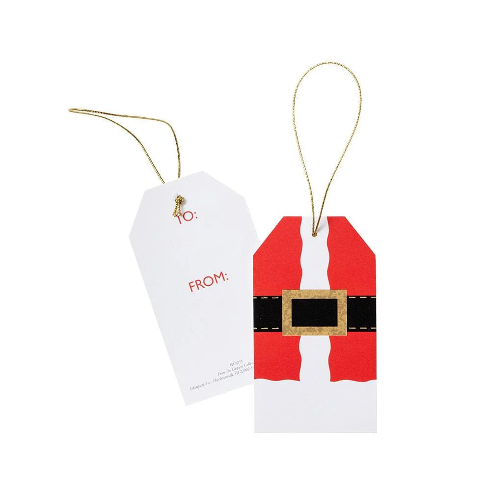 The Caspari Santa Costume Gift Tag Set includes two die-cut tags made from premium cardstock with gold strings—one with a Santa suit design and one with "TO:" and "FROM:" fields in bold red, ideal for holiday gifts or ornaments.