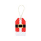 The Caspari Santa Costume Gift Tag Set features rectangular die-cut gift tags styled like Santa's suit with a red background, white trim, black belt, gold buckle, and gold string, made from premium cardstock—ideal for pairing with ornaments.