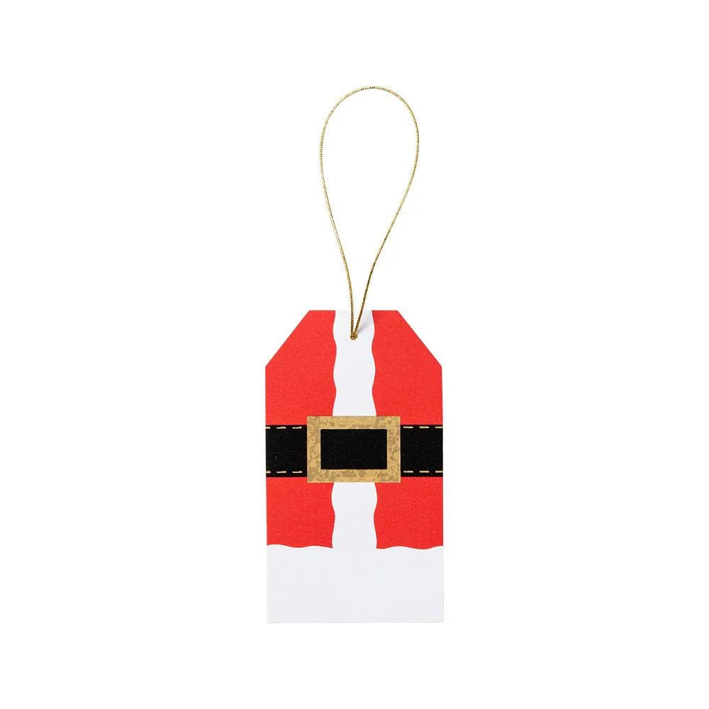 The Caspari Santa Costume Gift Tag Set features rectangular die-cut gift tags styled like Santa's suit with a red background, white trim, black belt, gold buckle, and gold string, made from premium cardstock—ideal for pairing with ornaments.