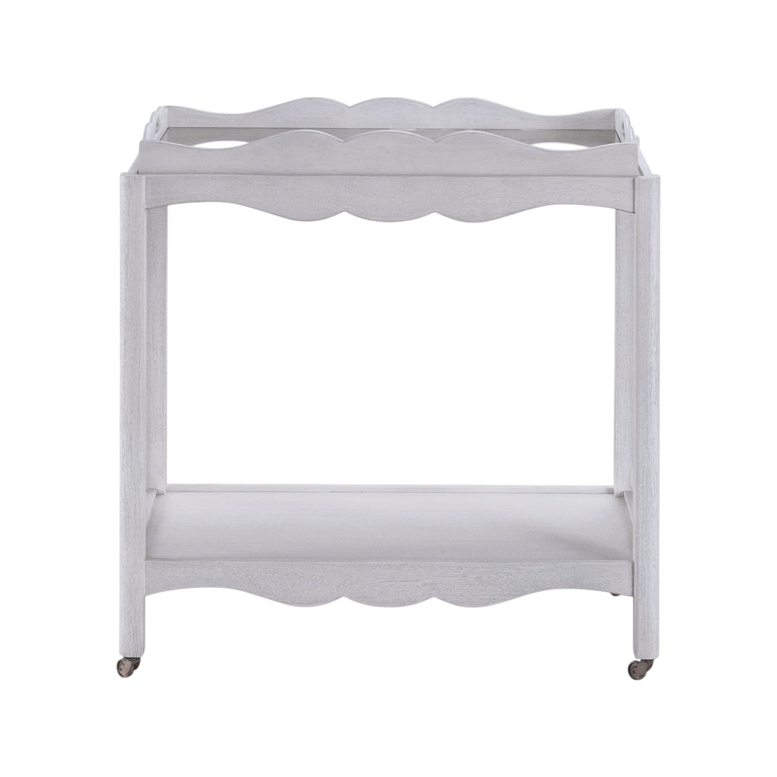 The Lawson Bar Cart by Branch Home features a white wooden frame with scalloped edges, a magnetic tray, an open bottom shelf, and four wheels—perfect for stylishly serving drinks or repurposing as needed.