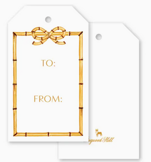 Two rectangular Isla Bahia Bamboo Bow Gift Tags with a bamboo frame design and a bamboo bow at the top, featuring “TO:” and “FROM:” text.