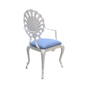 The Hive Vintage Shell Chair Set features mid-century design with a white shell-shaped backrest, curved armrests, and blue upholstered seats—perfect as accent seating against a plain white background.