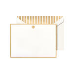The Crane Shell Flat Card Set features cotton flat cards with a gold border and shell design, paired with white envelopes lined with gold stripes.