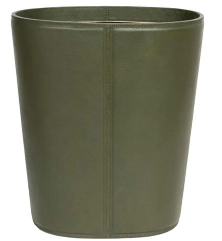 The Asby Desk Accessory Collection by Pigeon & Poodle features a cylindrical green waste bin with a matte finish and vertical center seam, bringing elegant style to any workspace.