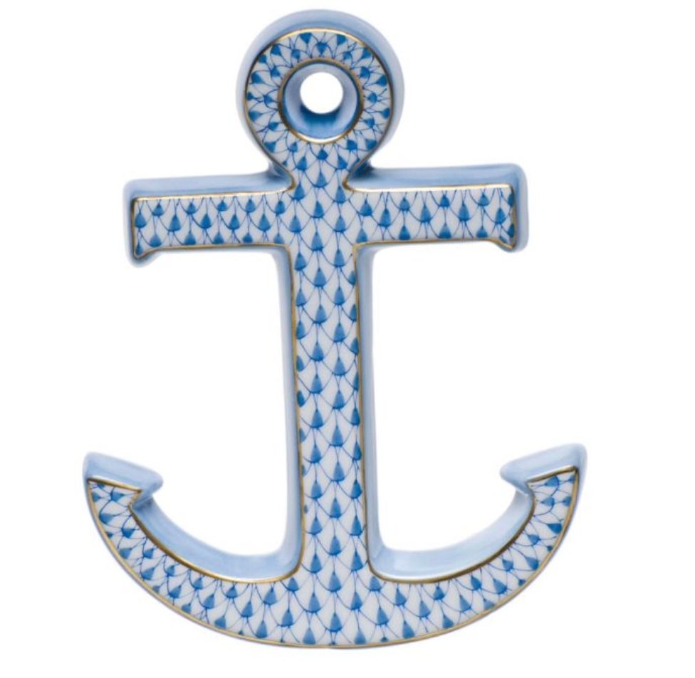The Blue Anchor by Herend is a ceramic ornament with hand-painted blue and white fish scale patterns and gold accents, inspired by classic Herend porcelain artistry.