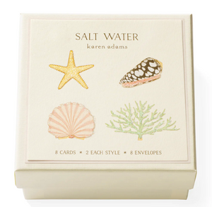 The Salt Water Gift Enclosures by Karen Adams feature starfish, seashell, shell, and coral designs. The cream-colored box includes 8 cards—2 of each style—and 8 envelopes, ideal for adding a special touch to any gift.