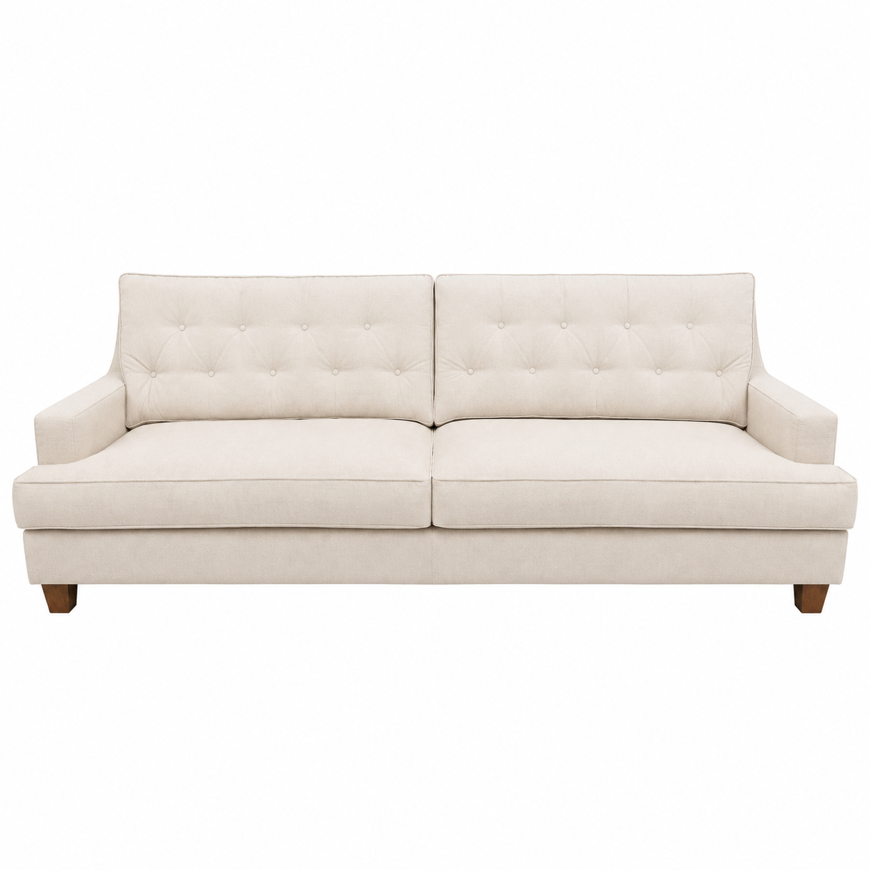 The Annabelle Sofa by Hickory Chair is a beige French Moderne tufted sofa featuring a modern-style design, straight armrests, and wooden legs, shown from the front against a white background.