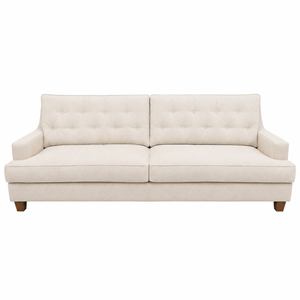 The Annabelle Sofa by Hickory Chair is a beige French Moderne tufted sofa featuring a modern-style design, straight armrests, and wooden legs, shown from the front against a white background.