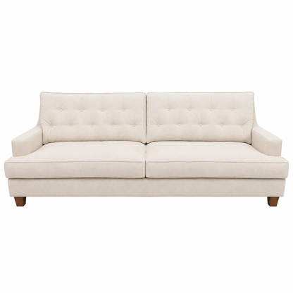 The Annabelle Sofa by Hickory Chair is a beige French Moderne tufted sofa featuring a modern-style design, straight armrests, and wooden legs, shown from the front against a white background.