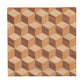 The Cora Spot Table by Hickory Chair features a square wooden panel with a geometric interlocking cube pattern in varying brown shades, crafted from hand-cut wood veneers for a stunning three-dimensional effect.