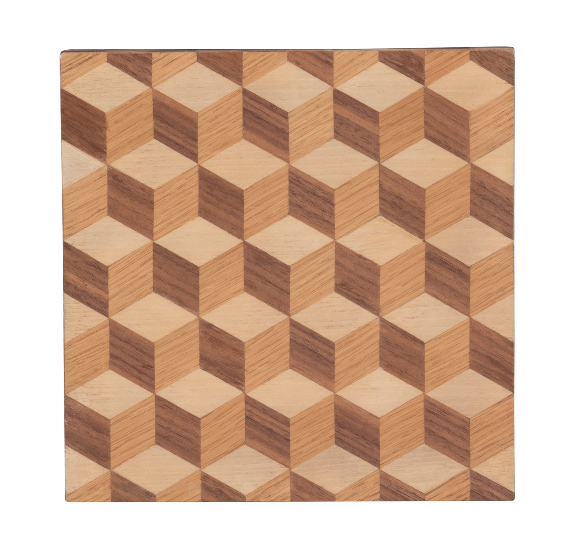 The Cora Spot Table by Hickory Chair features a square wooden panel with a geometric interlocking cube pattern in varying brown shades, crafted from hand-cut wood veneers for a stunning three-dimensional effect.