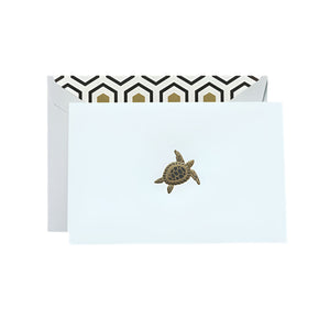 The Crane Turtle Classic Card Set includes a white notecard with a sea turtle illustration and an envelope lined with black and gold Art Deco geometric patterns, all printed on Beach Glass paper for a touch of coastal charm.