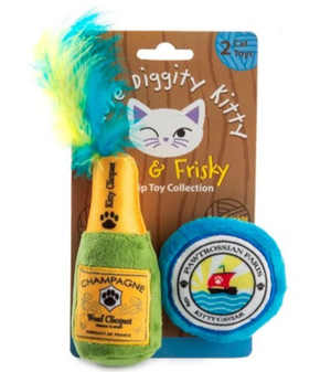 The Haute Diggity Dog Kitty Clicquot Catnip Toy includes a plush green-and-yellow champagne bottle and a blue-and-white “Kitty Caviar” toy, both infused with organic catnip for your cat’s enjoyment.