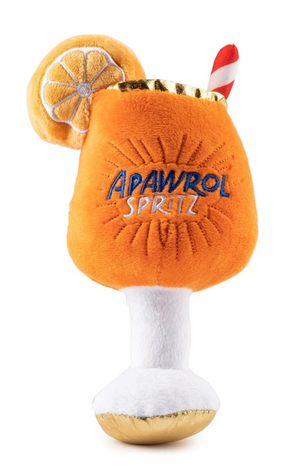 The Haute Diggity Dog Apawrol Spritz Plush Toy is a squeaky dog toy shaped like an orange cocktail glass with a straw and "APAWROL SPRITZ" embroidered on the front—fun for pups at playtime!.