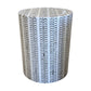 The Bojay Etched Stool features a cylindrical design with a white background and vertically arranged repeating black semicircle pattern, making it a perfect decorative accent for both indoor and outdoor spaces.