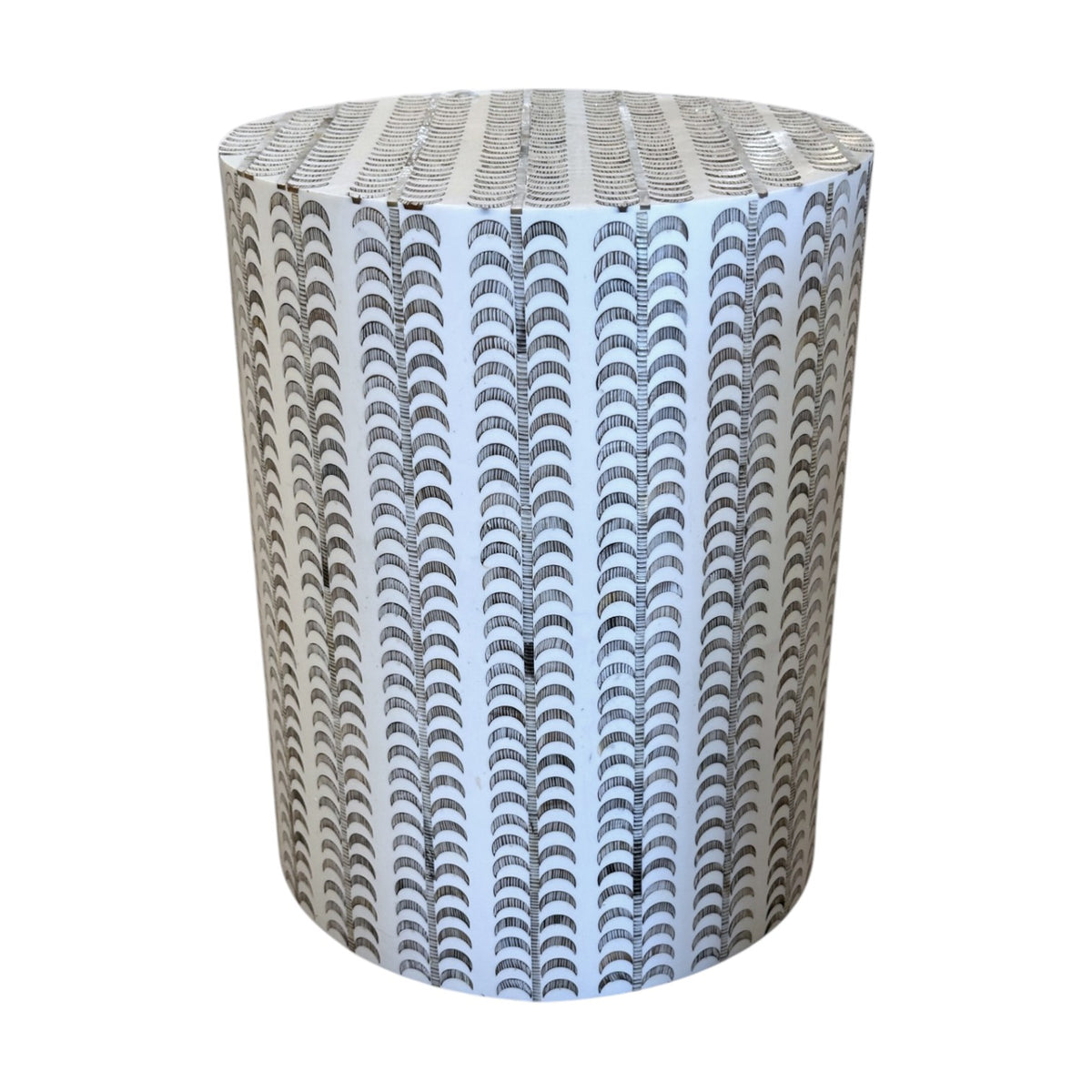 The Bojay Etched Stool features a cylindrical design with a white background and vertically arranged repeating black semicircle pattern, making it a perfect decorative accent for both indoor and outdoor spaces.