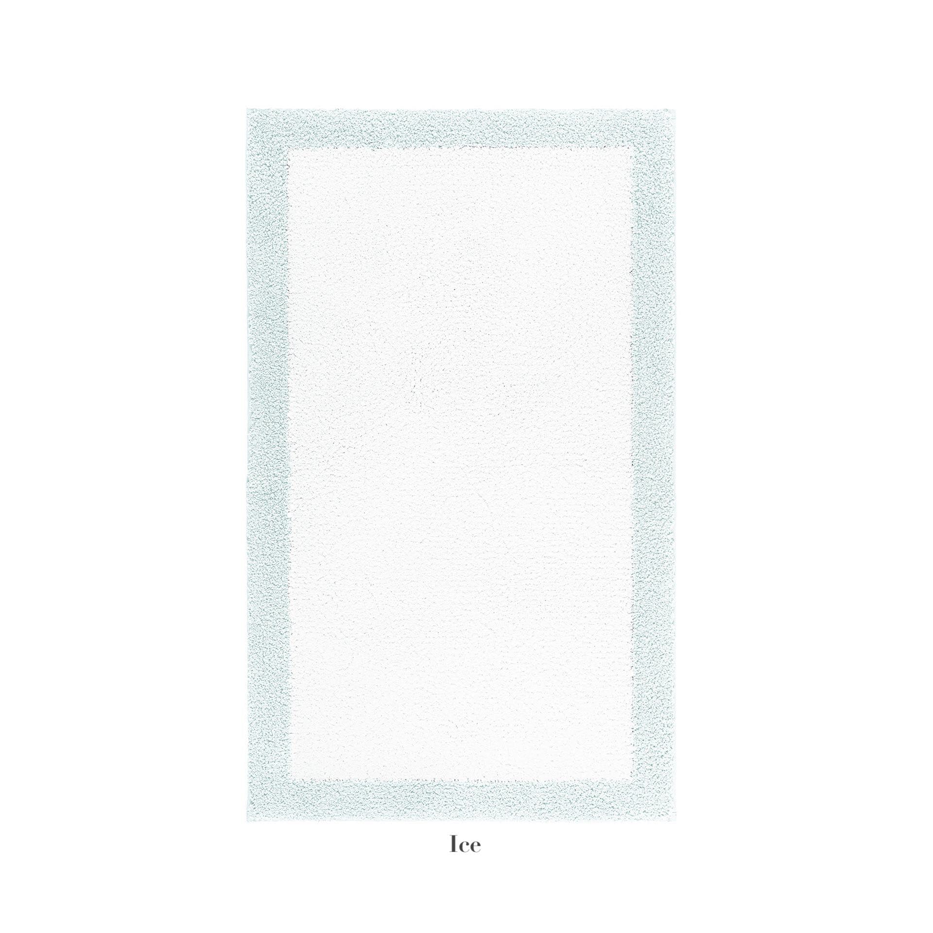 The Egoist Border Bath Rug by Graccioza, a rectangular white Egyptian cotton rug with a customizable light blue border, is centered on a white background with the word "Ice" printed below.