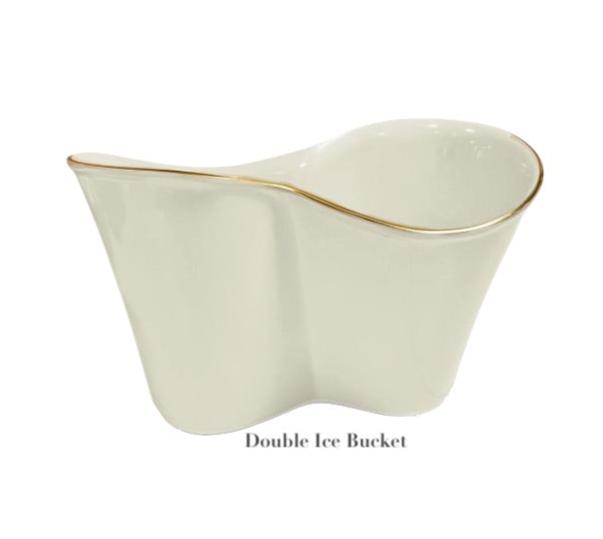 The Beatriz Ball Encanto Cream Serveware Collection features a white ceramic double ice bucket with a wavy design and gold trim, shown on a plain background with the label "Double Ice Bucket" beneath it.