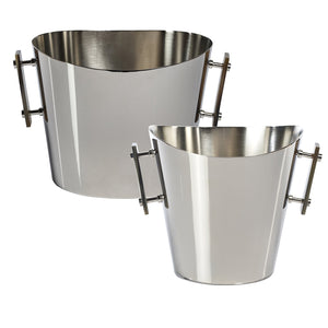 The Berkeley Wine Cooler / Ice Bucket Collection by Zodax features two stainless steel buckets—one large, one small—with side handles and a polished, horn-inspired finish. Sleek and durable, they stand out against a white background.
