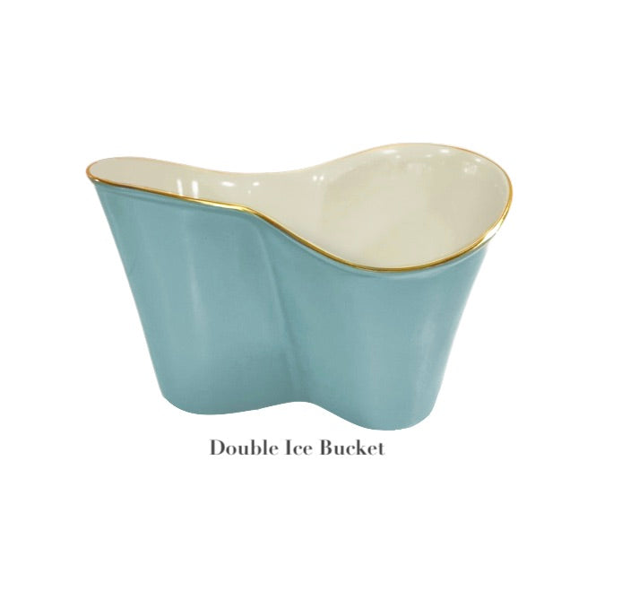 A blue and white ceramic double ice bucket with a gold rim from the Beatriz Ball Encanto Turquoise Serveware Collection, displayed on a white background and labeled "Double Ice Bucket.
