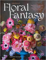 Book cover of *Floral Fantasy* from Chronicle Books, showcasing a vibrant bouquet of pink, yellow, and purple flowers in stunning botanical arrangements on a dark background, with white and yellow text presenting the title and authors, including renowned floral design artist Kiana Underwood.