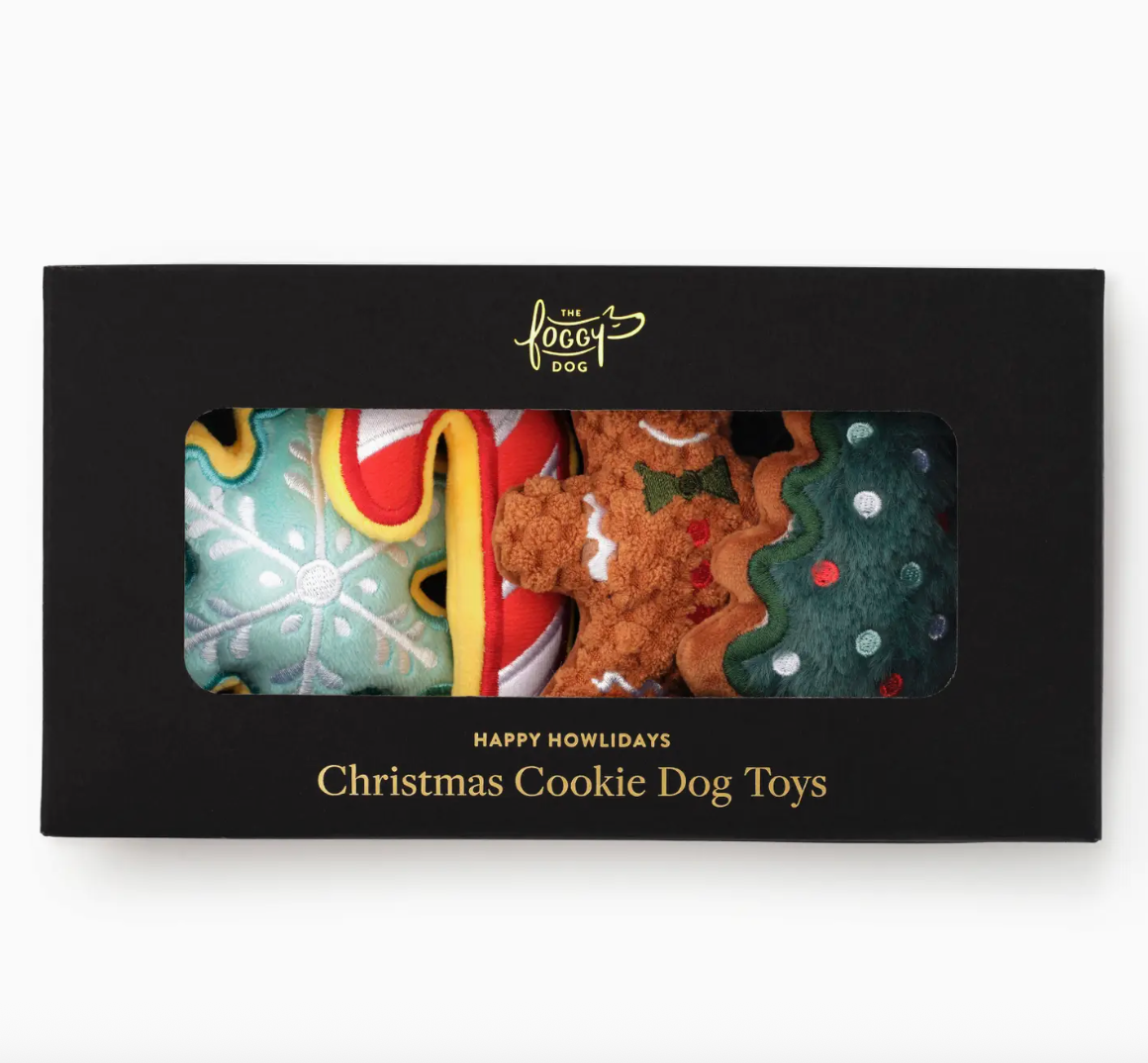 The Foggy Dog Christmas Cookies Dog Toys Gift Set includes three holiday cookie-shaped toys with crinkle paper and squeakers, all packaged in a festive black box.
