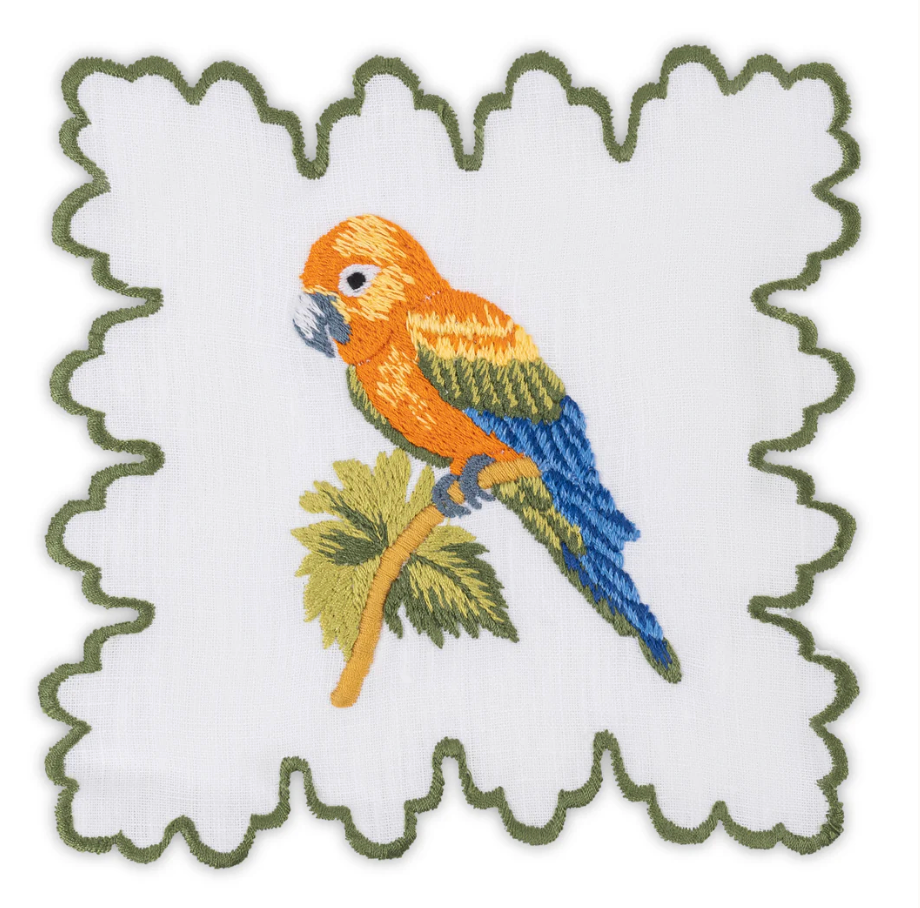 Square white premium linen Parrot Coaster with a scalloped green edge, featuring an embroidered parrot perched on a branch.