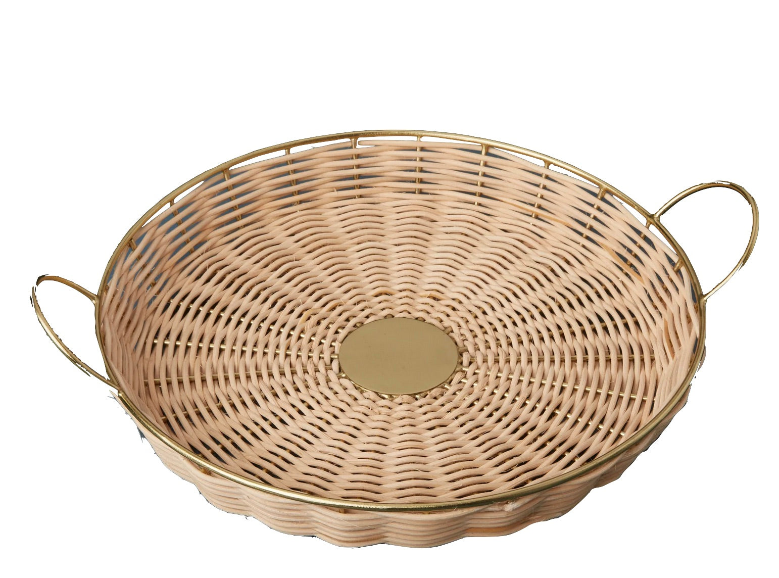 The Rowan Basket Collection by Be Home features round, woven cane wicker baskets handcrafted in India with a flat base, gold metal side handles, and a central metal disk. Made from sustainable natural materials for an eco-friendly touch.