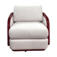 The McGuire Furniture Schooner Swivel Lounge Chair in Outdoor Ivory Chenille features white cushioned seating and dark wooden curved armrests, crafted from naturalistic materials, shown from the front against a white background.
