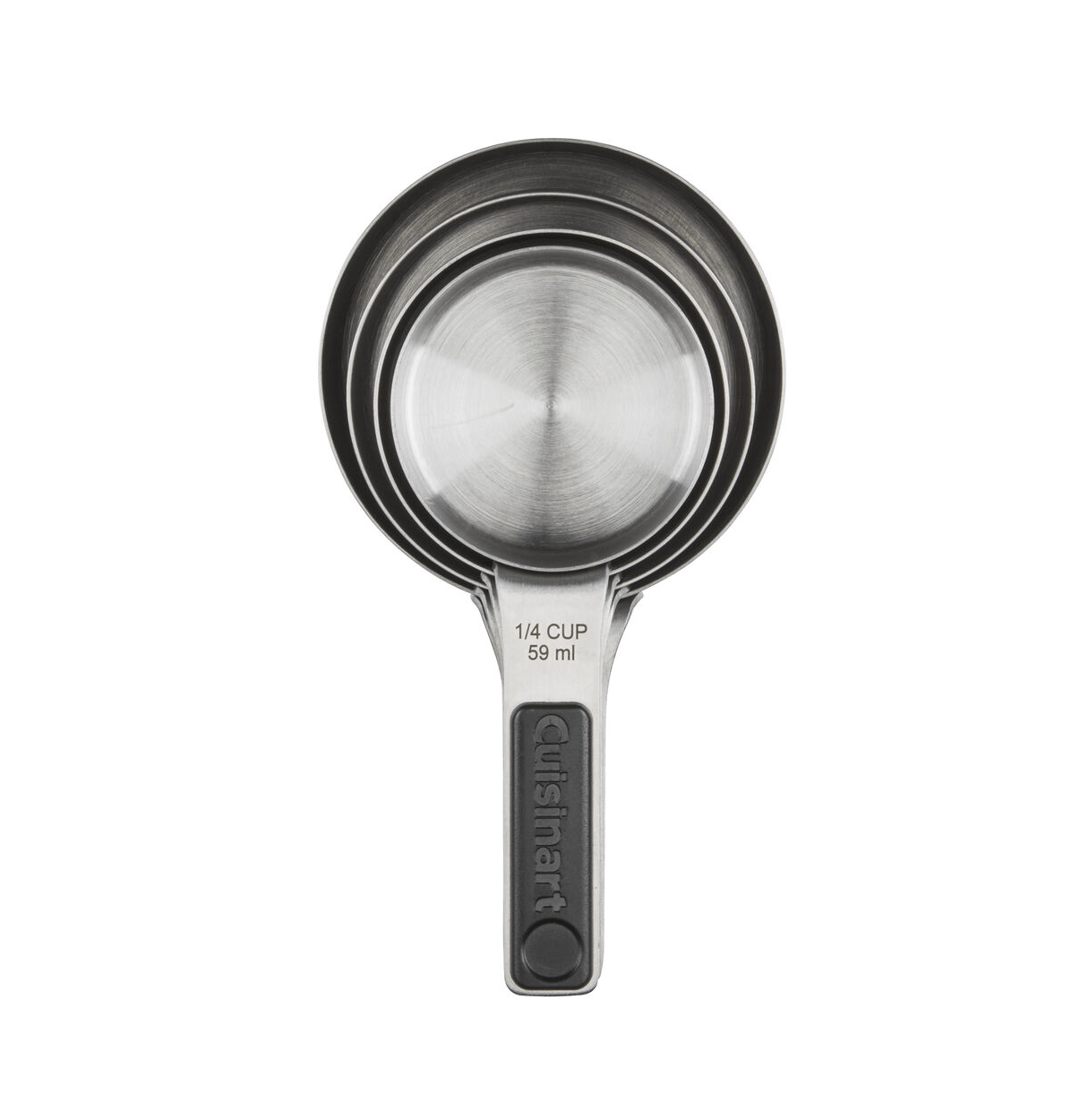 Three nested Cuisinart Magnetic Measuring Cups, including a "1/4 cup 59 ml" size with branded handle, are shown on a white background. These dishwasher safe stainless steel cups offer convenience and durability.