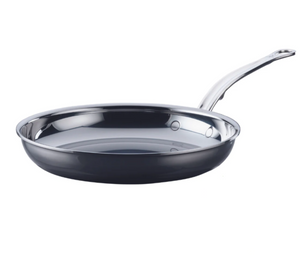 The Hestan NanoBond Titanium Skillet, 12.5", features a triple bonded stainless steel design with a shiny finish and long handle, is metal utensil safe, and is displayed on a plain white background.
